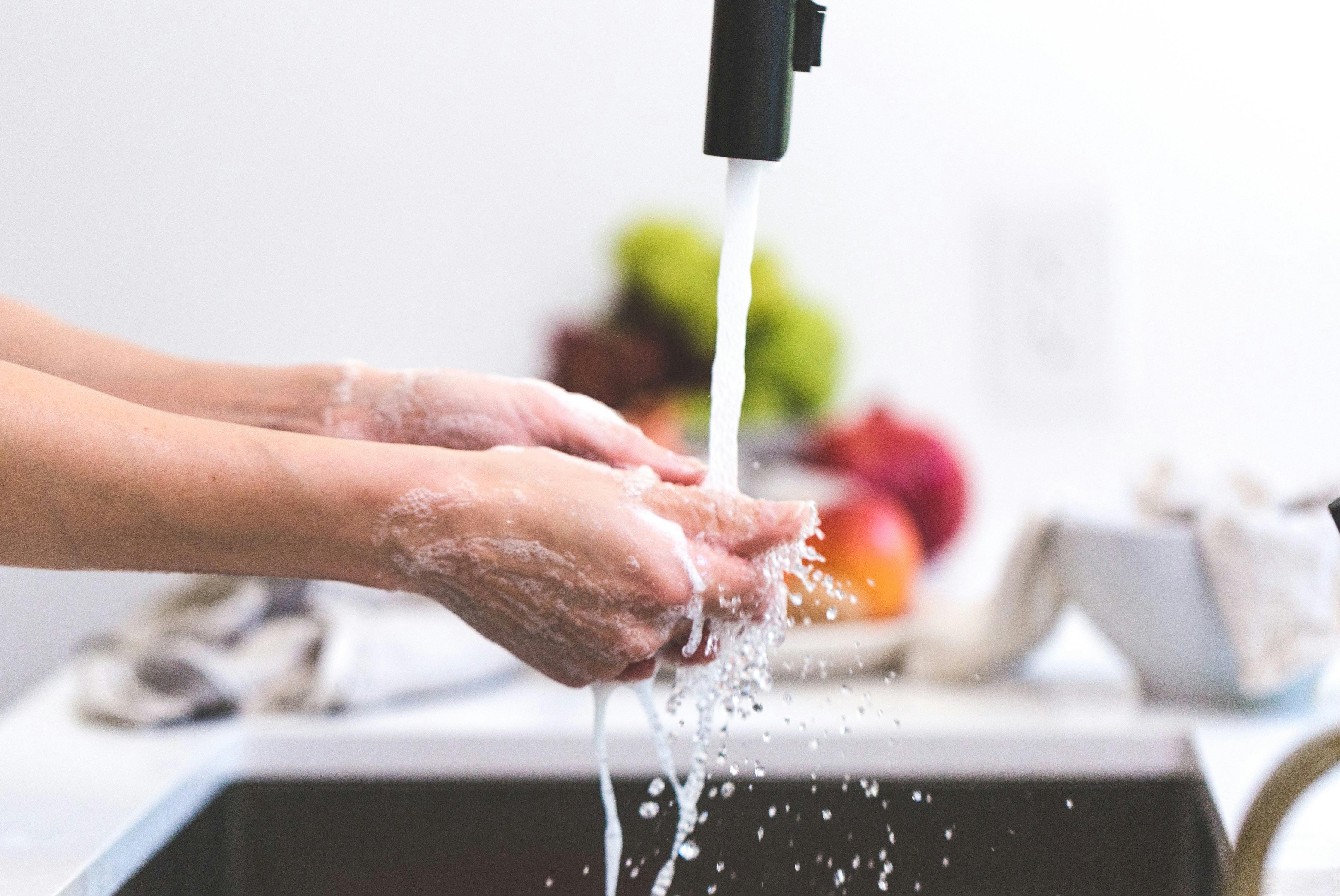 Washing hands with soap and water at a kitchen sink before handling food